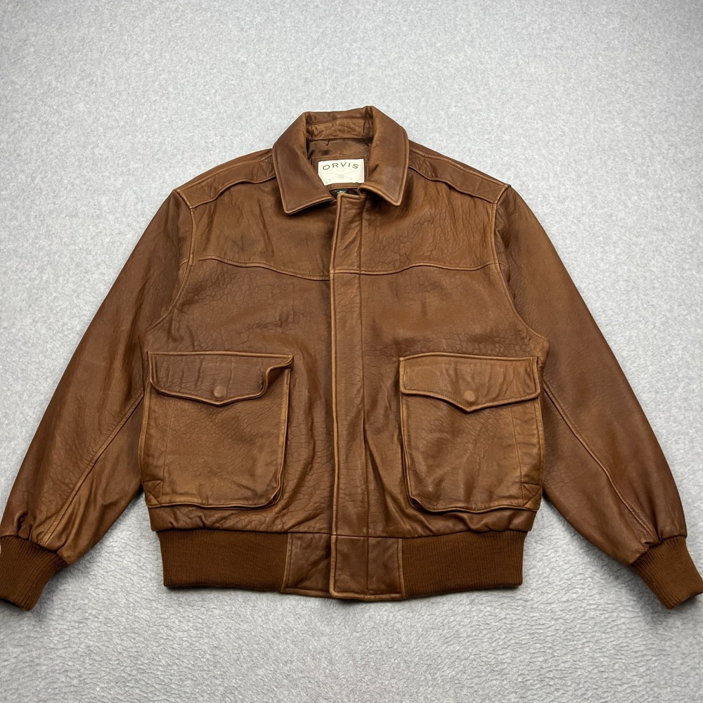 Orvis Bomber Jacket Mens XL Brown Leather A-2 Flight Aviator Lined Heavy Coat
